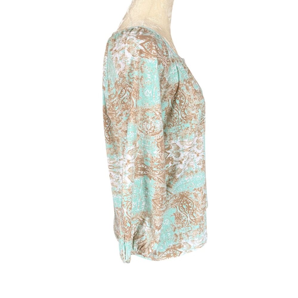 Hannah women's patterned pullover top 3/4 sleeve light teal and brown small - Picture 3 of 10